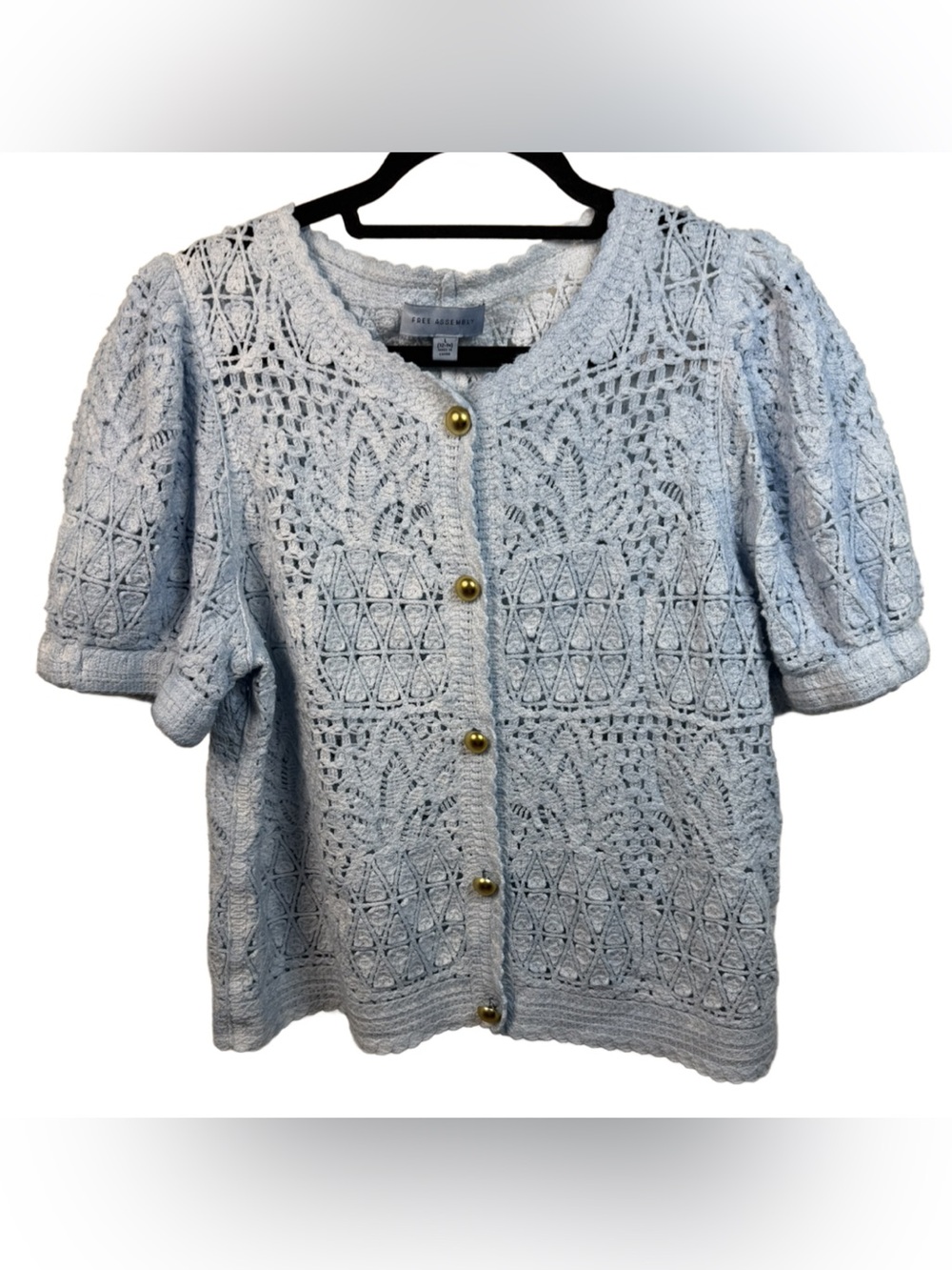 Crochet Knit Short-Sleeve Cardigan with Gold Buttons - Pale Blue
